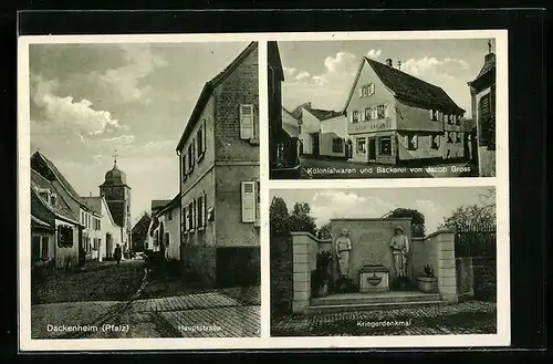 AK Dackenheim /Pfalz, Kolonialwarengeschäft und Bäckerei von Jacob Gross, Kriegerdenkmal, Hauptstrasse