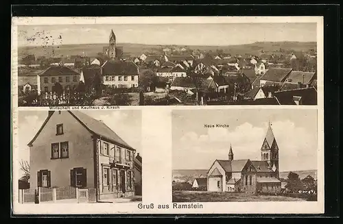 AK Ramstein / Pfalz, Gasthaus und Kaufhaus J. Kirsch, Neue Kirche, Teilansicht
