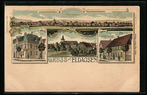 Lithographie Eldagsen / Deister, Totalansicht, Lauenstein`s Hotel, Post