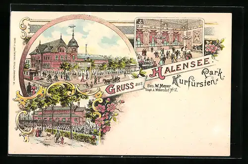 Lithographie Berlin-Halensee, Restaurant Kurfürsten-Park, Innenansicht, Garten