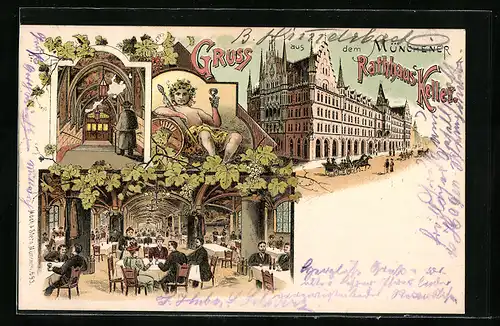 Lithographie München, Rathauskeller, Aussen- & Innenansicht & Bacchus