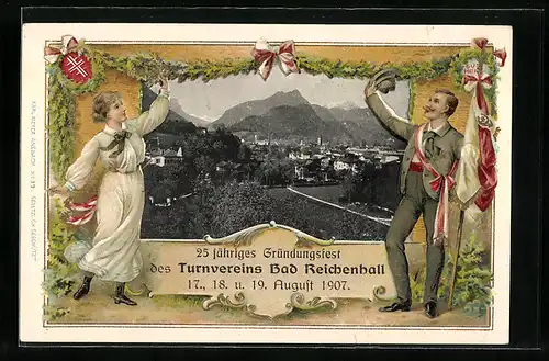 Lithographie Bad Reichenhall, 25 jähriges Gründungsfest 1907, Teilansicht, Turnerpaar mit Fahne, Passepartout