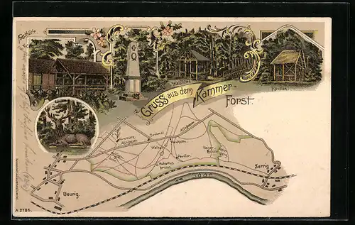 Lithographie Beurig, Gasthaus mit Waldhütte, Pavillon, Denkmal