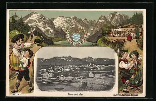 Passepartout-Lithographie Rosenheim / Obb., Teilansicht mit Brücke, Wappen