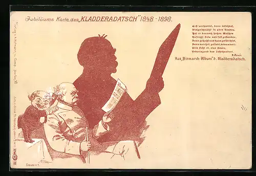 Künstler-AK Jubiläumskarte der Zeitung Kladderadatsch 1898, Bismarck liest Zeitung