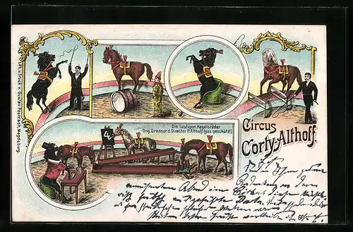 Lithographie Zirkus Corty-Althoff, Pferde bei der Dressur, die lustigen Kegelbrüder
