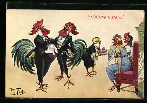 Künstler-AK Arthur Thiele: Hähne in Anzügen und Hühner in Abendkleidern werden von Osterküken bedient
