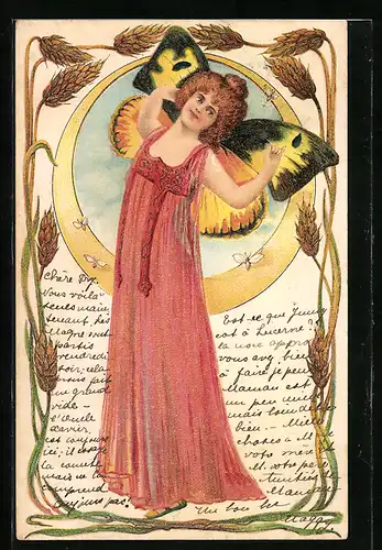 Lithographie Schöne Frau mit Schmetterlingsflügeln im pinken Kleid, Jugendstil