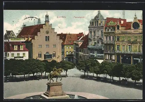 AK Landau / Pfalz, Paradeplatz mit Geschäften und Denkmal