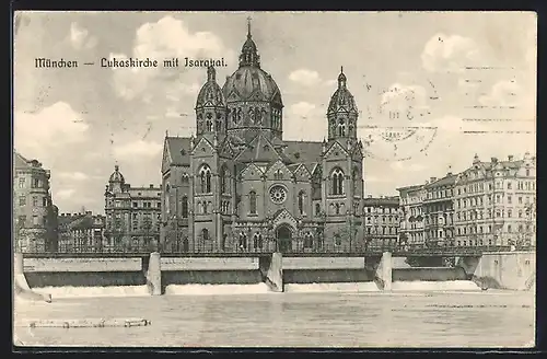 AK München, Lukaskirche mit Isarquai