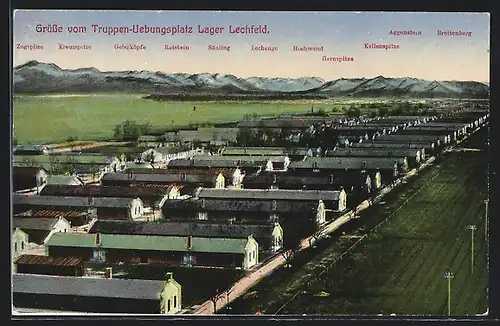 AK Lager Lechfeld, Truppen-Übungsplatz, Teilansicht mit Gernspitze, Säuling und Kellenspitze