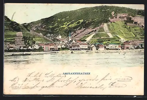 AK Assmannshausen, Uferpartie mit Kirche