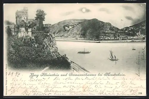 AK Assmannshausen, Panorama mit Burg Rheinstein bei Mondschein