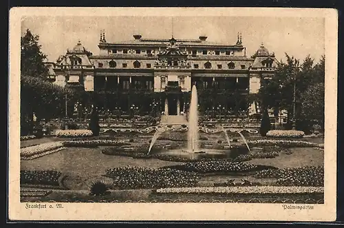 AK Frankfurt-Westend, Gesellschaftshaus im Palmengarten mit Fontäne