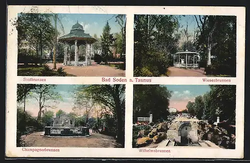 AK Bad Soden a. Taunus, Soolbrunnen, Wiesenbrunnen, Wihelmsbrunnen