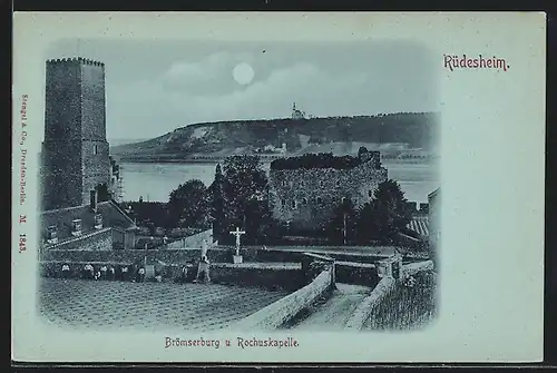 Mondschein-AK Rüdesheim / Rhein, Brömserburg und Rochuskapelle