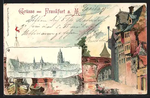 Künstler-AK Alt-Frankfurt, Mainbrücke mit Dom, Strassenpartie