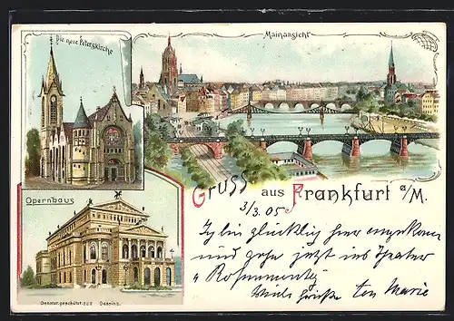 Lithographie Frankfurt /Main, neue Peterskirche, Opernhaus, Mainansicht