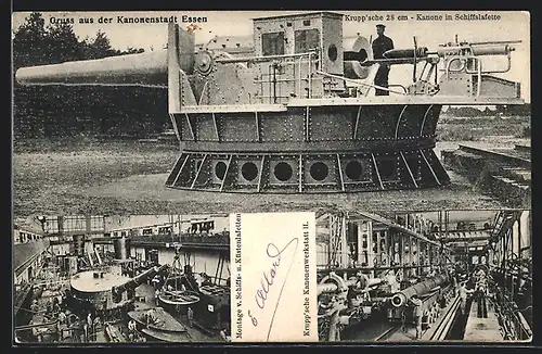 AK Essen, Kruppsche Kanonenwerkstatt, Montage von Schiffs- u. Küstenlafetten, Krupp`sche Kanone in Schiffslafette