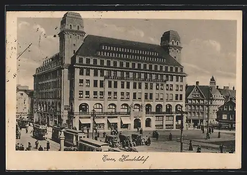 AK Essen, Hotel Handelshof mit Strassenbahn
