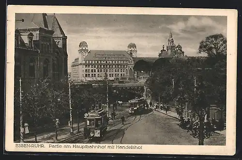 AK Essen a. Ruhr, Hauptbahnhof mit Handelshof und Strassenbahn
