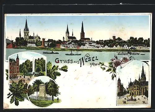 AK Wesel am Rhein, Panorama, Denkmal und Brunnen am Rathaus