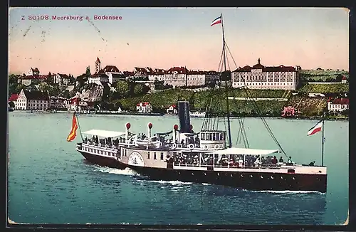 AK Meersburg / Bodensee, Uferpartie mit Dampfer