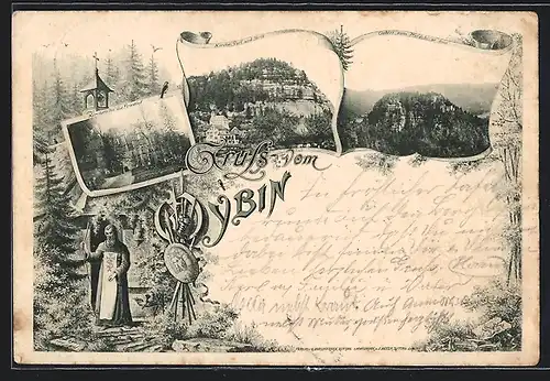 Vorläufer-AK Oybin, 1895, Kirchruine und Friedhof, Ortsansicht vom Pferdeberge aus, Kirche, Dorf und Berg
