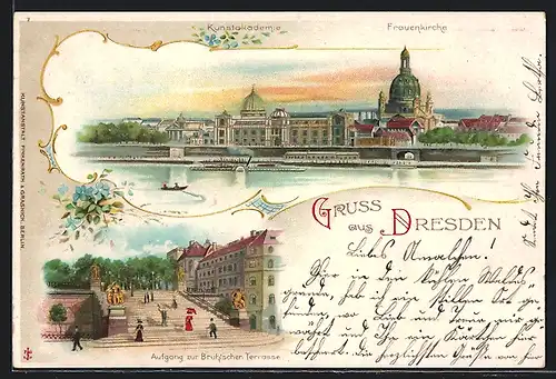 Lithographie Dresden, Frauenkirche, Aufgang zur Brühlschen Terrasse