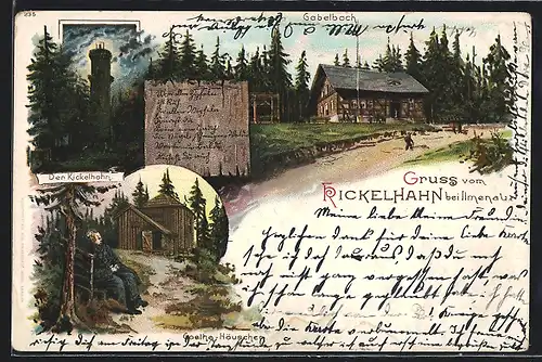 Lithographie Ilmenau, Kickelhahn mit Gabelbach und Goethe-Häuschen