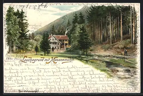 Lithographie Lauchagrund, Gasthaus Massenmühle