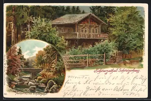 Lithographie Schwarzburg, Gasthaus Schweizerhaus im Schwarzathal