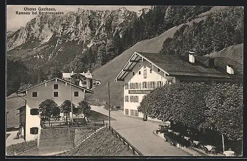 AK Ramsau bei Berchtesgaden, Oberes Gasthaus Ramsau mit Blick auf das Gebirge