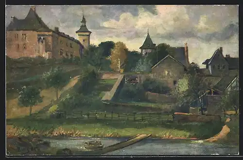 Künstler-AK Schleiden, Ortspartie im Abendrot