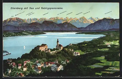 AK Starnberg, Ortsansicht mit See und Gebirgspanorama