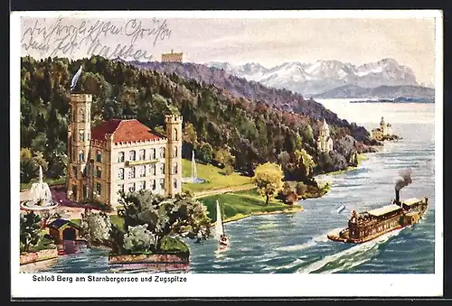 Künstler-AK Berg / Starnberger See, Schloss Berg und Zugspitze, Dampfer