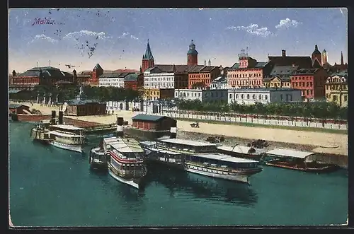AK Mainz, Uferpartie mit Dampfern