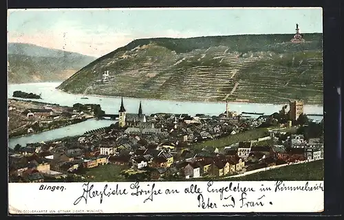 AK Bingen / Rhein, Teilansicht mit Kirche u. Denkmal