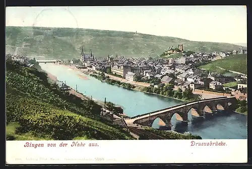 AK Bingen / Rhein, Teilansicht mit Drususbrücke von der Nahe aus