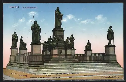 AK Worms, Lutherdenkmal mit Huss, Friedrich d. Weisen u. Philipp d. Grossmütigen