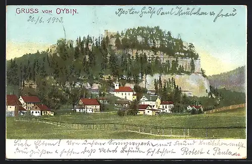 AK Oybin, Ortspartie mit Kirche