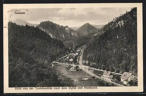 AK Oybin, Blick von der Teufelsmühle nach dem Oybin und Hochwald