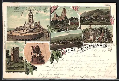 Lithographie Rossla, Kyffhäuser mit Reiterstandbild, Sage Friedrich Barbarossa und Rotenburg