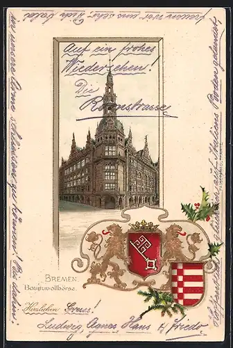Passepartout-Lithographie Bremen, Strassenansicht der Baumwollbörse, Wappen