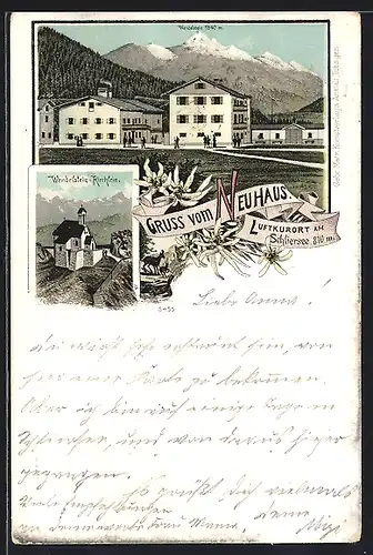 Lithographie Neuhaus b. Schliersee, Ortsansicht mit Wendelstein und Wendelstein Kirchlein
