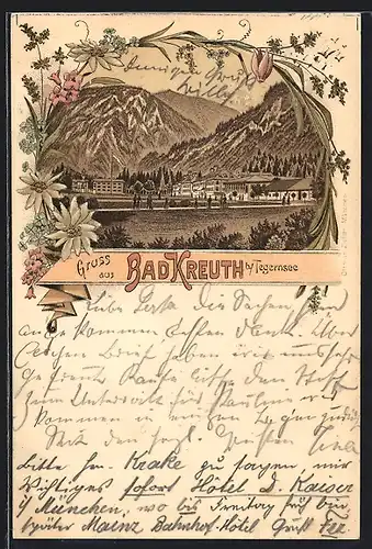 Lithographie Bad Kreuth b. Tegernsee, Panoramablick auf Ort und Gebirge