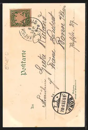 Lithographie Bad Kreuth b. Tegernsee, Panoramablick auf Ort und Gebirge