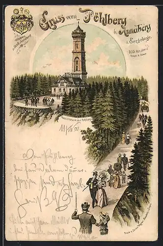 Lithographie Annaberg i. Erzgebirge, Aussichtsberg auf dem Pöhlberg, Stadtwappen
