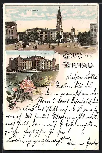 Lithographie Zittau, Johanneum und Kaserne