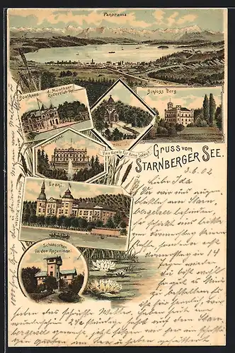 Lithographie Leoni, Hotel, Schloss Berg, Bootshaus des Münchner Ruderclubs
